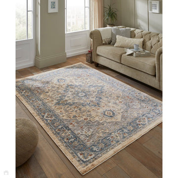 Legacy LEG07 Traditional Persian Medallion Border Soft-Touch Short Pile Polyester Flatweave Cream/Blue/Beige Rug-Concept Looms-Rug Love - The Most Loved Rug Store